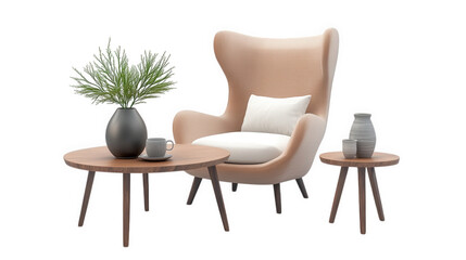 a stylish seating arrangement featuring a modern armchair with a light fabric. accompanied by two wooden tables one table holds a vase with greenery and a cup. while the other has a decorative pot. cr