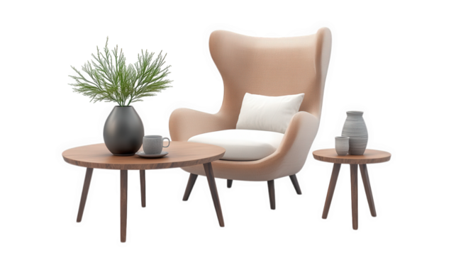 a stylish seating arrangement featuring a modern armchair with a light fabric. accompanied by two wooden tables one table holds a vase with greenery and a cup. while the other has a decorative pot. cr - Powered by Adobe