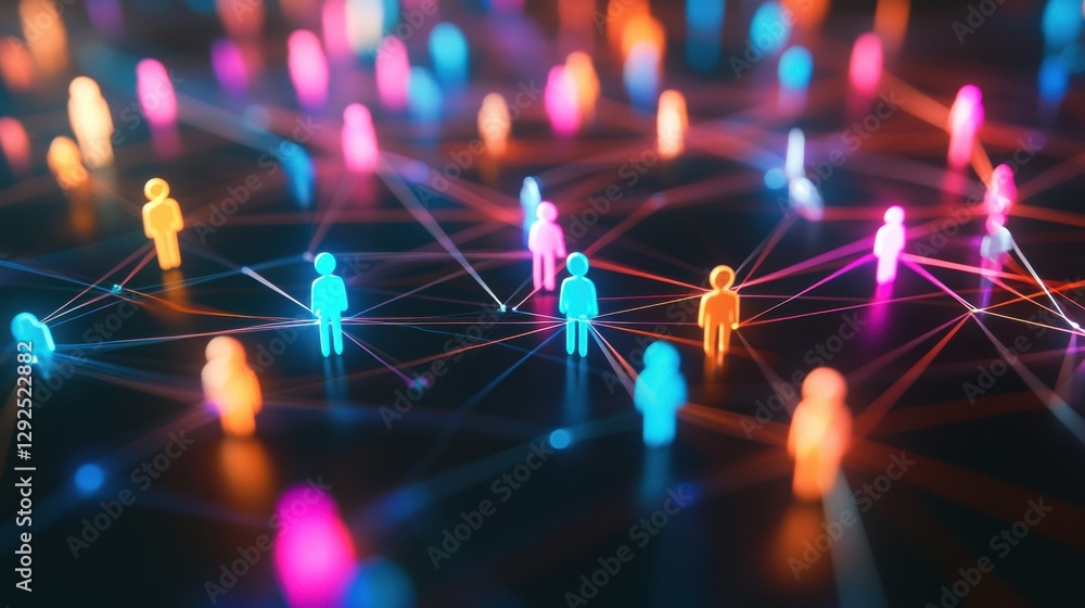 Poster colorful 3d avatars connected by glowing network lines illustrating digital social media interaction