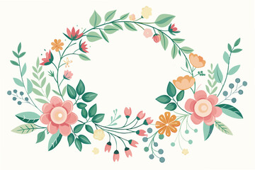Floral wreath design featuring various flowers and leaves in soft pastel colors on a light background