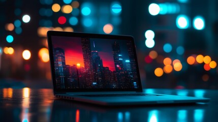 Modern technology background featuring a laptop with blurred city night lights, showcasing a futuristic digital work environment and innovation concept for business, remote work, and tech-themed desig
