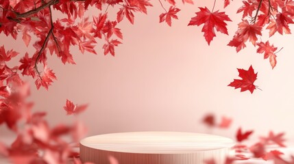 Autumnal display podium with falling red maple leaves.  Empty round light beige wooden pedestal surrounded by vibrant red maple leaves.  Soft, pastel pink background.