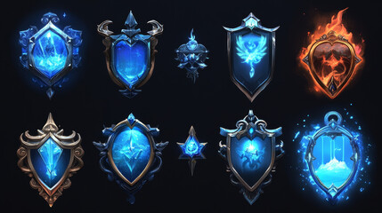 Fototapeta premium Game gold award badges with decorative frames.Vector cartoon icons set of glossy emblems with fantasy borders and blue elements. Achievement label for win in game