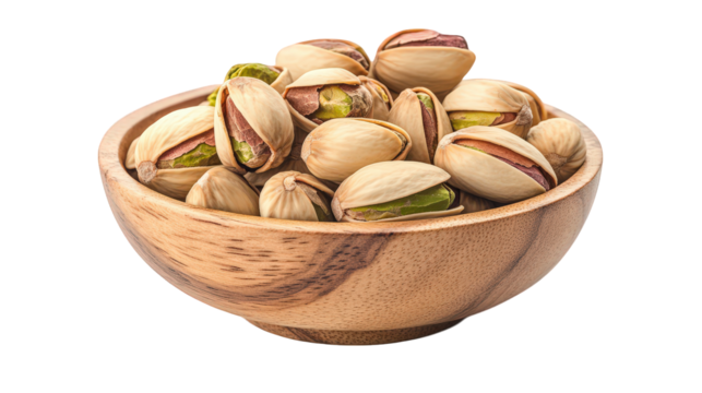 a wooden bowl filled with shelled pistachios. showcasing their green insides and beige outer shells the natural texture of the wood and the vibrant color of the nuts. suggesting a healthy snack option