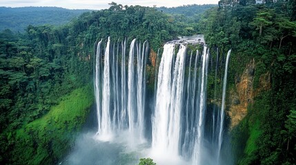 Fototapeta premium Serene Waterfall Paradise: Majestic Cascading Waters on Verdant Cliffs