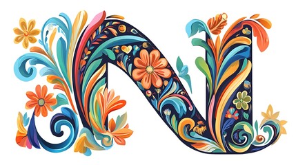 Fototapeta premium Vibrant Floral Letter N: A Digital Illustration of Ornate Flourishes AI Generated