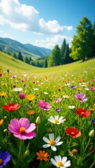 A profusion of colorful wildflowers blankets a sun-drenched meadow , flowers, sunshine, buttercup