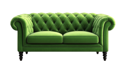 stylish green velvet sofa with a tufted design and rolled arms. set against a white background its vibrant color and elegant design make it a striking piece of furniture. ideal for adding a pop of col