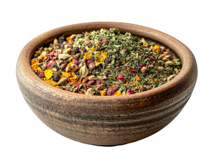 ceramic bowl filled with colorful mix of herbs and spices, showcasing vibrant textures and aromas. Perfect for culinary enthusiasts and food photography