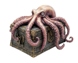 kraken with tentacles emerging from treasure chest, creating sense of mystery and adventure. creature intricate details and vibrant colors enhance captivating scene