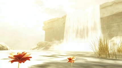 Serene Waterfall Landscape with Golden Light and Red Flowers