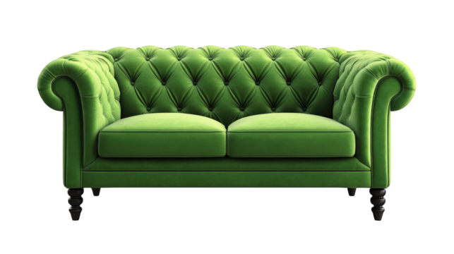 stylish green velvet sofa with a tufted design and rolled arms. set against a white background its vibrant color and elegant design make it a striking piece of furniture. ideal for adding a pop of col