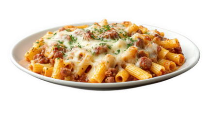 a delicious serving of pasta featuring rigatoni noodles topped with a hearty meat sauce. melted cheese. and a sprinkle of parsley. presented on a white plate this dish is perfect for a comforting meal