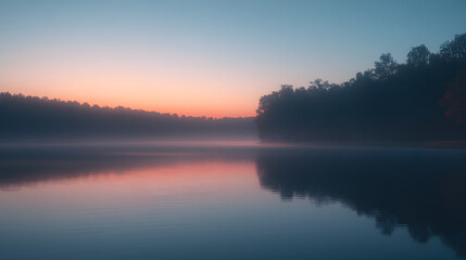 Fototapeta premium Radiant Dawn: Serene Lakeside At Sunrise Illuminates Sky With Ethereal Light Reflecting On Tranquil Waters