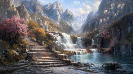 Serene Waterfall Landscape with Pink Blossoms and Stone Steps