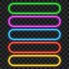 Neon rounded rectangle frames, glowing signs set, vector illustration.