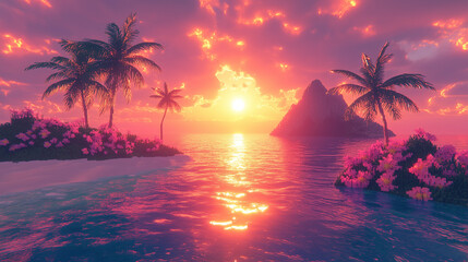 A voxel version of a tropical island, with crystal-clear turquoise waters, pixelated palm trees swaying in the breeze, and vibrant flowers scattered across the sandy shore.