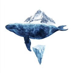 Majestic Blue Whale Swimming Gracefully Underneath Iceberg with Snow-Capped Mountain Background in a Serene Ocean Environment