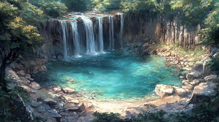 Serene Waterfall Pool in Lush Forest