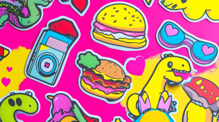 Psychedelic retro rave stickers with funny burger, dinosaur and mushrooms, retro audio tape and heart shaped glasses. Crazy dancer and cute odd creatures. Cartoon vector acid design badges set