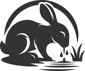 Rabbit drinking water from a pond animal vector silhouette