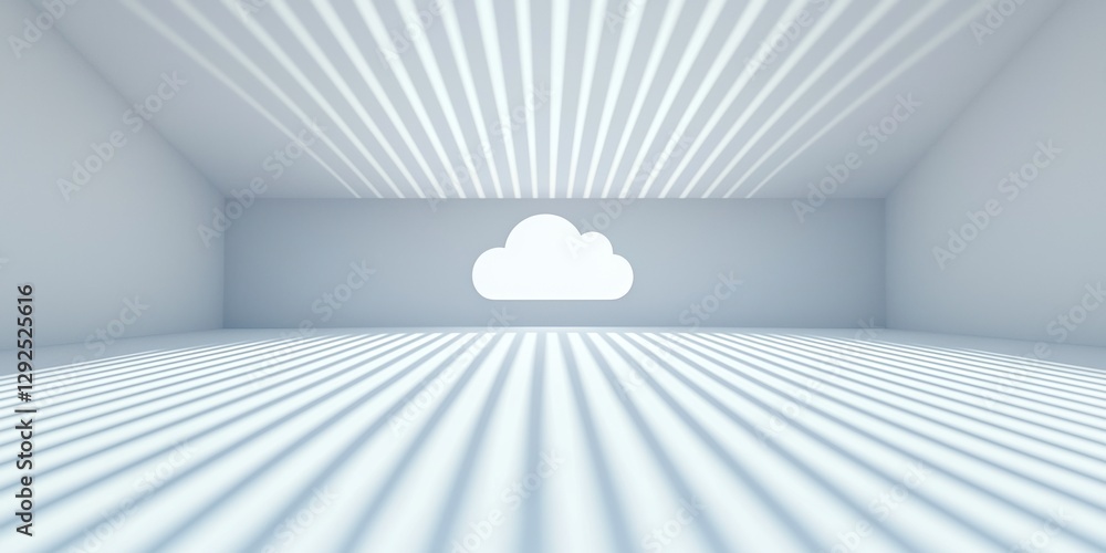 Poster cloud computing concepts. minimalist room with cloud and light rays on the floor.