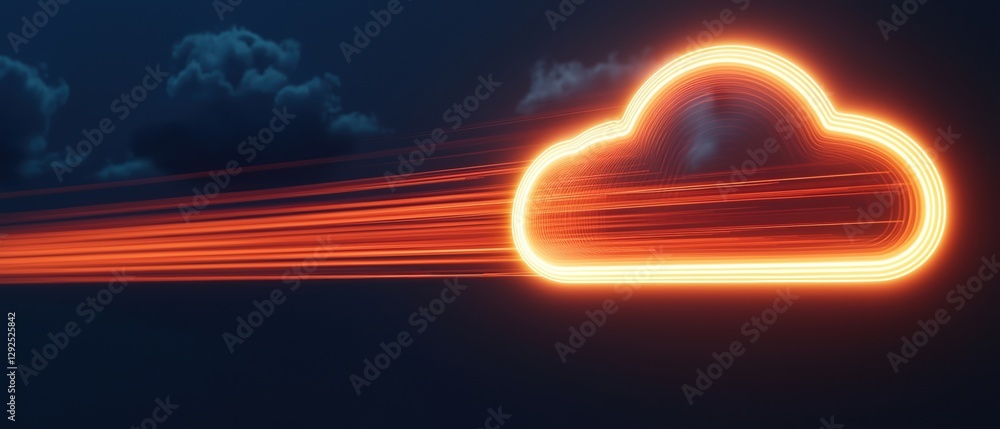 Poster cloud computing concepts. glowing cloud with bright trails on a dark background.