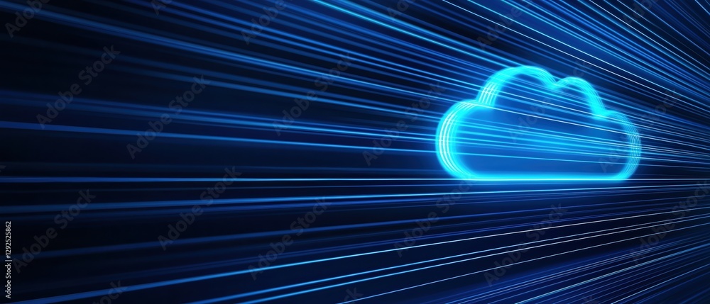 Poster cloud computing concepts. digital cloud icon with blue light rays on a dark background.