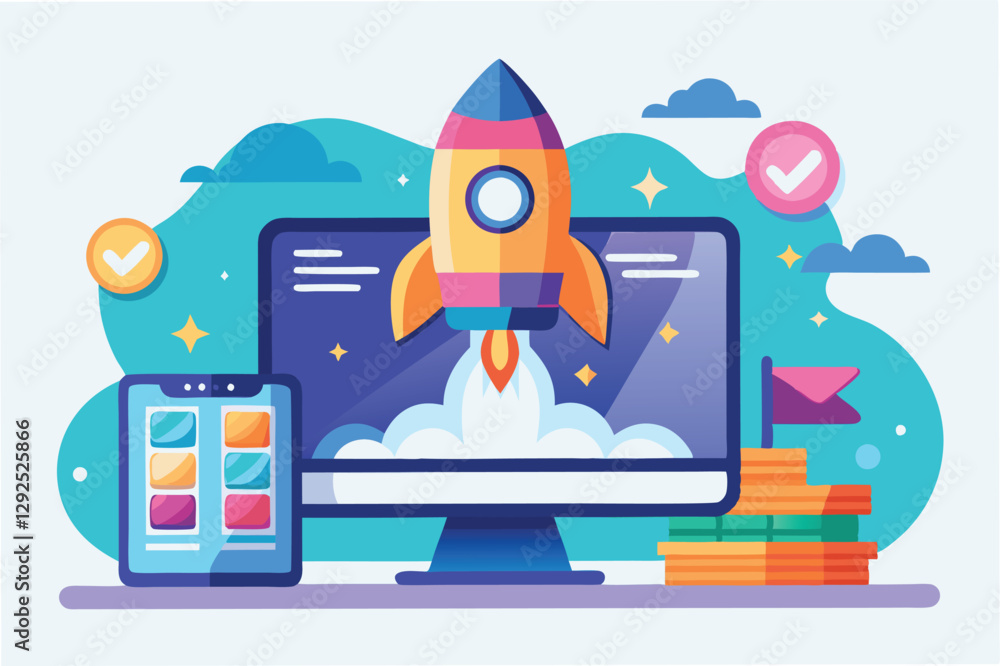 Aufkleber digital marketing growth concept with rocket launch, computer display, and performance metrics in a 