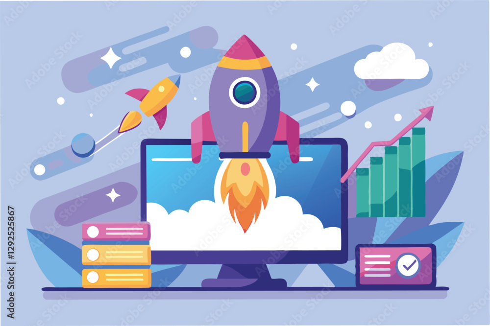 Aufkleber digital marketing growth concept with rocket launch, computer display, and performance metrics in a 