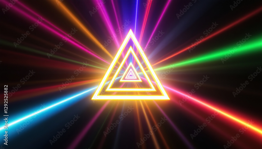 Poster neon triangle light tunnel with colorful rays background