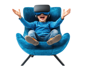 child wearing VR headset sits in blue chair, expressing excitement with arms raised. joyful moment captures thrill of virtual reality
