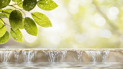 Serene Waterfall Scene with Green Leaves and Soft Sunlight