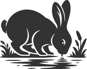 Rabbit drinking water from a pond animal vector silhouette