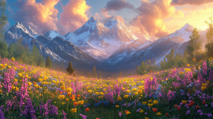 Fototapeta premium A voxel mountain range at dawn, with snow-covered peaks glowing in a golden light. 