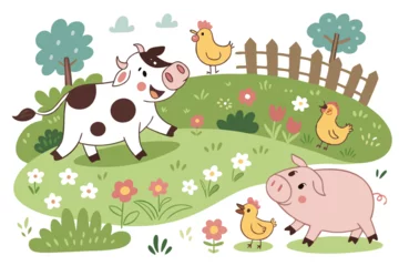 Naadloos Fotobehang Airtex Cheerful farm animals enjoying a sunny day in a vibrant countryside with flowers and greenery © SaroStock