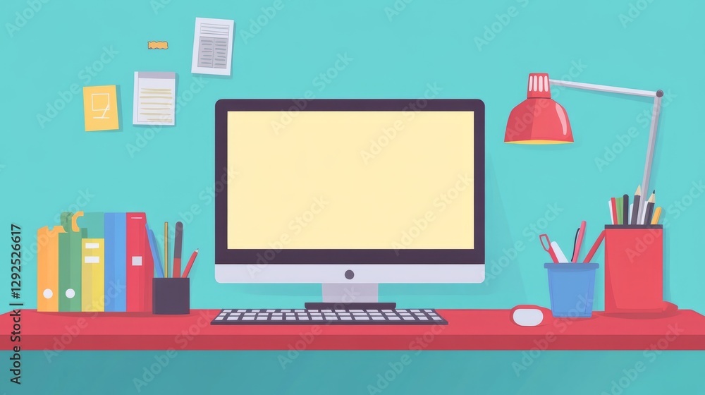 Poster modern comfortable workspace with open laptop featuring blank screen, office supplies, and minimalis