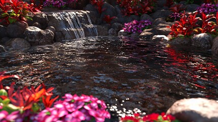 Serene Waterfall Scene with Vibrant Pink and Red Flowers