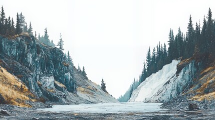 Serene Winter Landscape: A Cold River Valley Between Snow Dusted Mountains and a Coniferous Forest