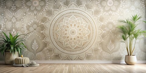 Serene Interior Design Featuring Intricate Mandala Wall Decor and Lush Potted Plants