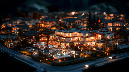 Obraz premium Night view of illuminated model village, resort, pool, cars, travel