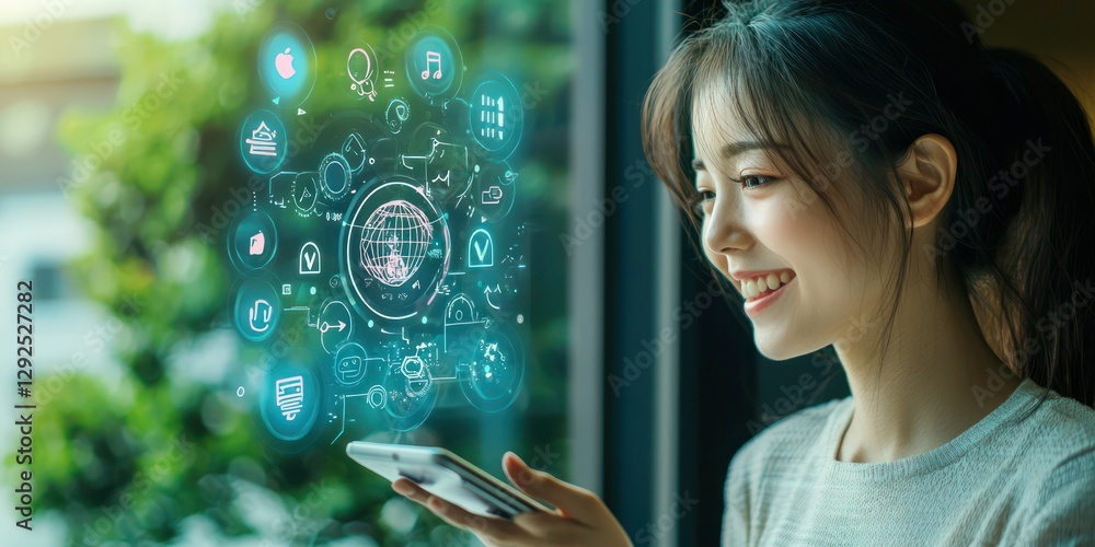 Poster a woman learning a new language through an interactive e-learning app â€“ personalized language acqu