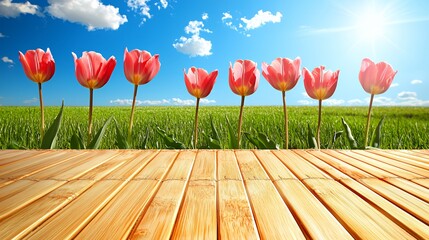 Seven Red Tulips in a Green Field Under a Sunny Sky
