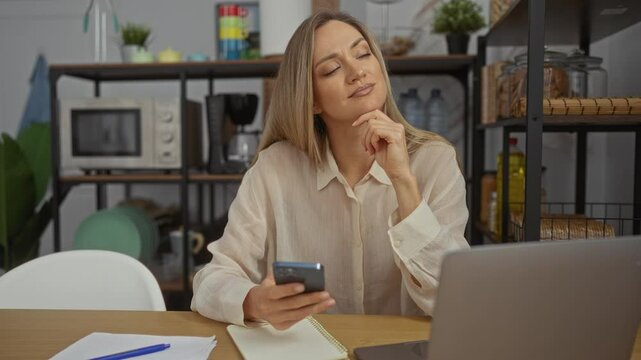 Woman thinking while holding phone in home office, surrounded by laptop, notebook, microwave, and shelves, portraying modern work lifestyle.