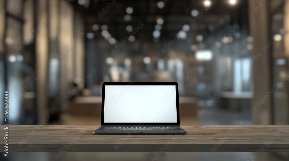 Poster modern business workspace with laptop computer on office desk in a professional setting, featuring a