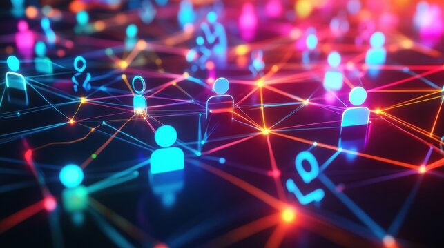 Futuristic digital network featuring colorful 3D avatars interconnected by glowing neon lines. Generative AI