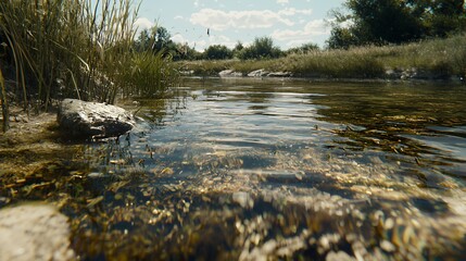 Shallow River With Rocks And Lush Vegetation Under Bright Sunlight