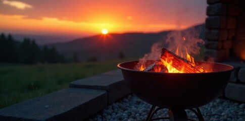Glowing embers in wood-fired grill; sunset sky backdrop , sky, delicious