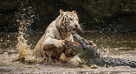 A fierce battle between a white tiger and a crocodile erupts in a muddy river, with water splashing as they clash in a struggle for survival.