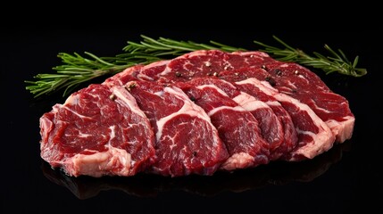 Fresh raw beef slices arranged on a black surface with sprigs of rosemary and pepper.
